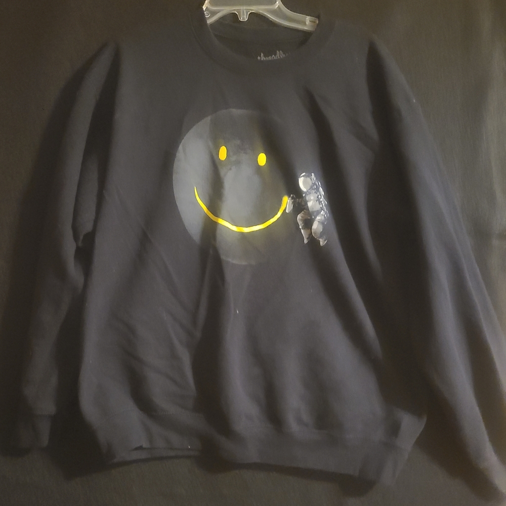 Threadless Black Crewneck Sweatshirt with Yellow Smiley Graphic